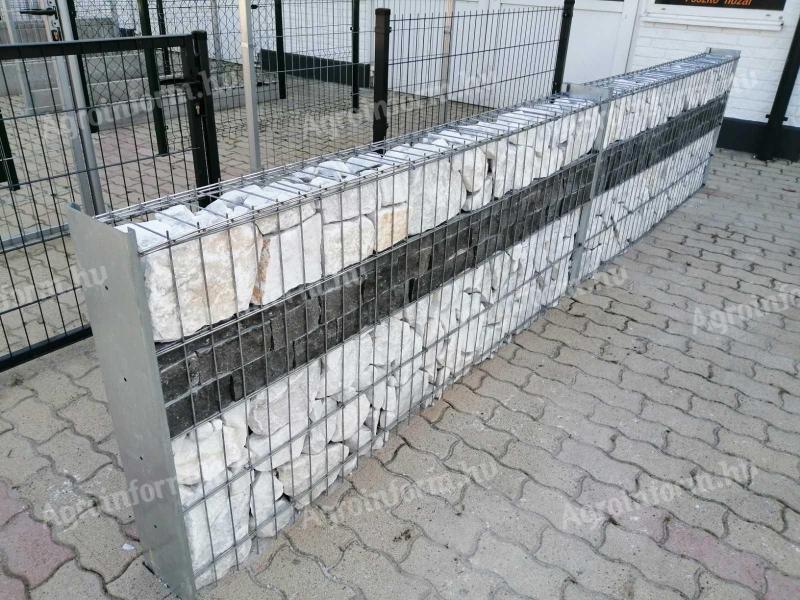 Gabion kerítés,  kőkerítés,  támfal,  oszlop,  kapu,  drótfonat,  vadháló,  kerítés panel