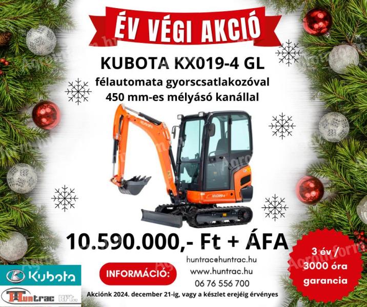 Kubota KX019-4 GL típusú zárt kezelőfülkés gumilánctalpas minikotró