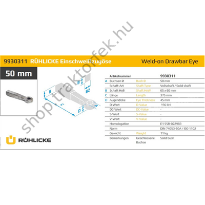 Vonószem Ø50mm beheggeszthető D=190kN / S=1000 kg  Rühlicke