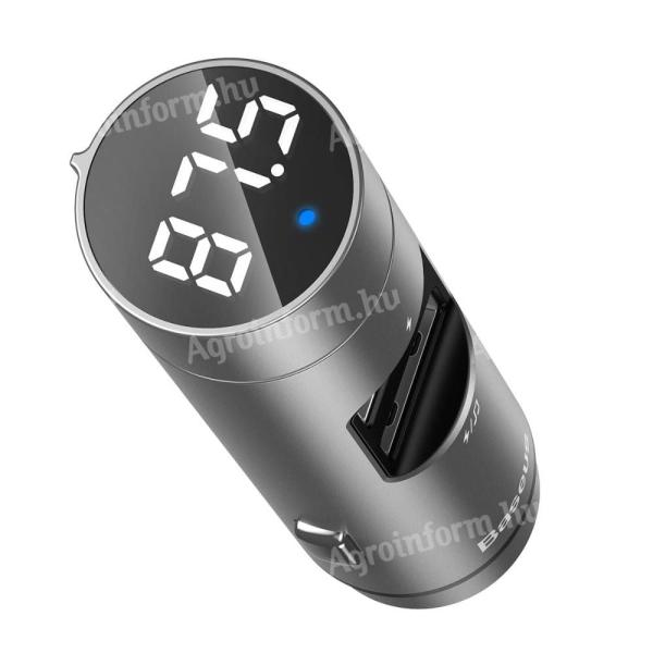 Szivargyújtós töltő + Bluetooth Fm Transzmitter, BT 5.0+5V 3.1A Baseus Energy Column - Ezüst