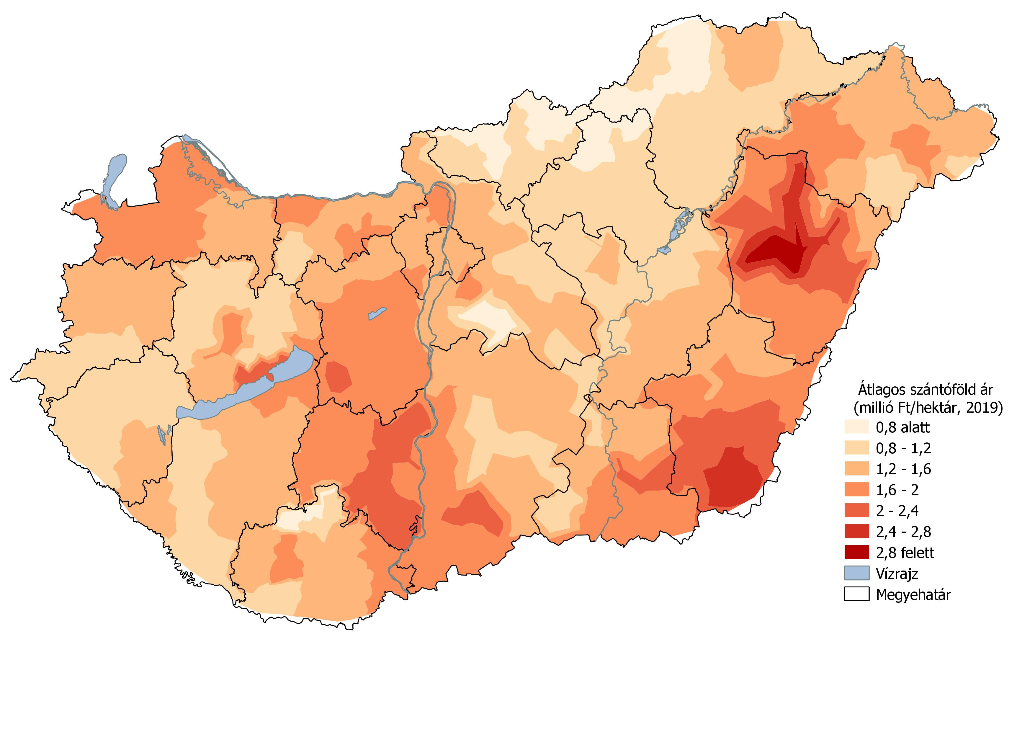 Átlagos fajlagos szántóföldárak Magyarországon 2019-ben