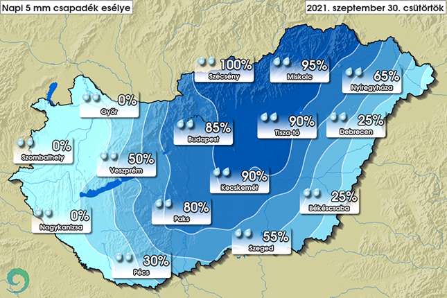 5 mm-et meghaladó csapadék esélye csütörtökön