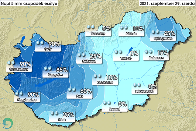 5 mm-et meghaladó csapadék esélye szerdán