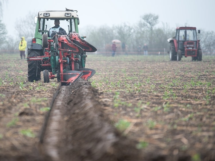 traktor ekével a szántóföldön