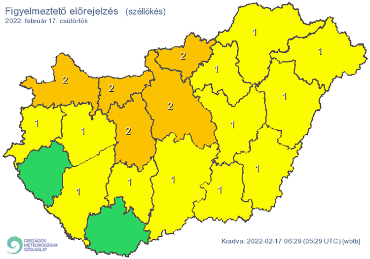Figyelmeztető előrejelzés széllökések miatt 