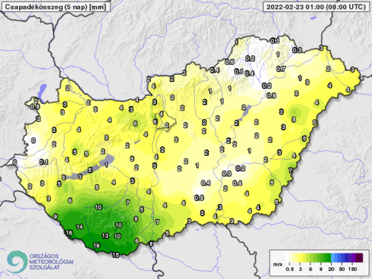 1. ábra 5 napos csapadékösszeg 2022. február 23-ig (mm)