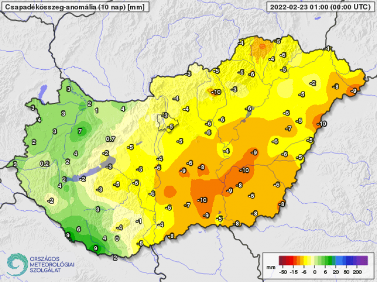 2. ábra A 10 napos csapadékösszeg eltérése a sokéves átlagtól 2022. február 23-ig (mm)