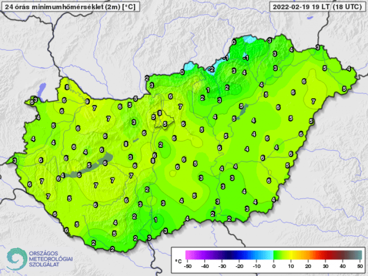 4. ábra Minimumhőmérséklet 2022. február 19-én (Celsius fok)