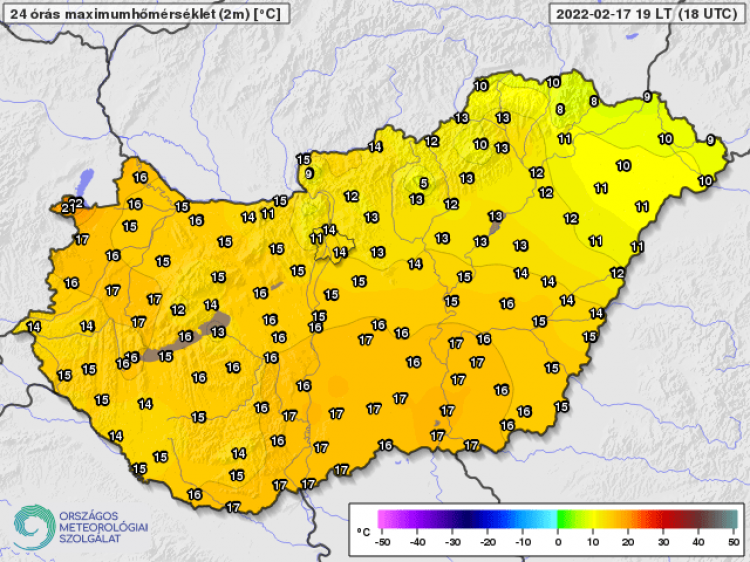 5. ábra Maximumhőmérséklet 2022. február 17-én (Celsius fok)