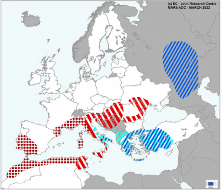 Szélsőséges időjárású területek Európában 2022. február 1. és március 18. között 