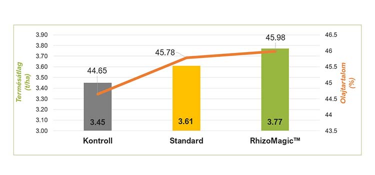 RhizoMagic™ 2x2 l/ha kezelés hatása a repce termésátlagára és olajtartalmára