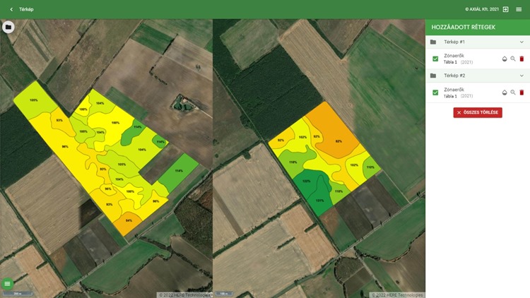 Trimble Power Zone térképek a mAXI-MAP farmmenedzsment szolgáltatás felületén