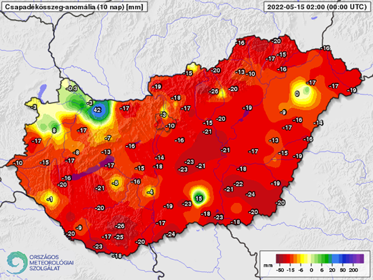Csapadékösszeg-anomália az elmúlt 10 napon
