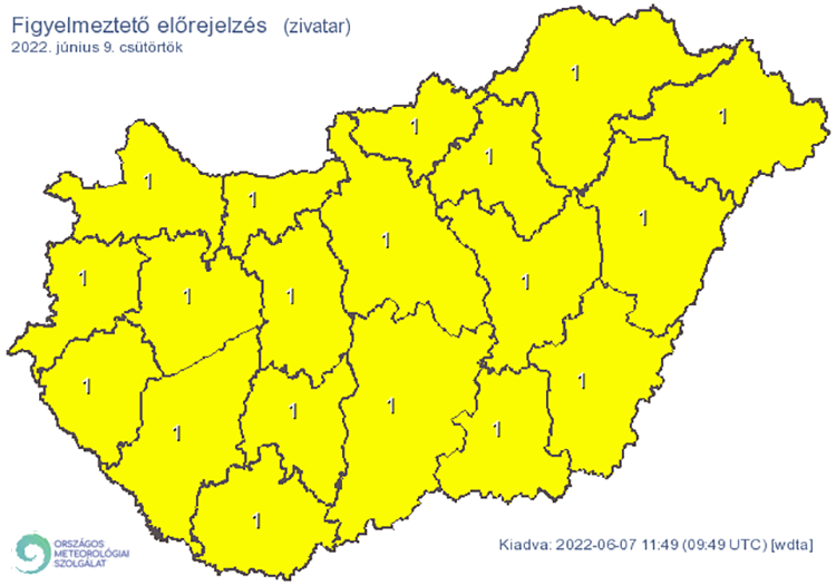 Zivatar alakulhat ki. Elsődleges veszélyforrást a villámlás jelent, emellett esetenként szélerősödés, jégeső előfordulhat!