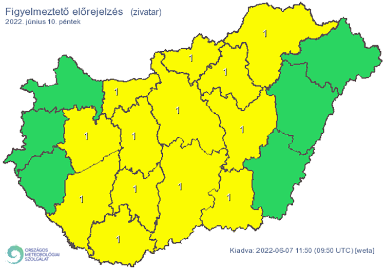 Zivatar alakulhat ki. Elsődleges veszélyforrást a villámlás jelent, emellett esetenként szélerősödés, jégeső előfordulhat!