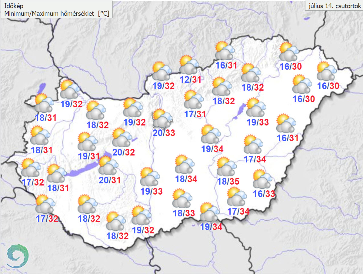 Minimum/Maximum hőmérséklet  [°C]. július 14. csütörtök – forrás: OMSZ