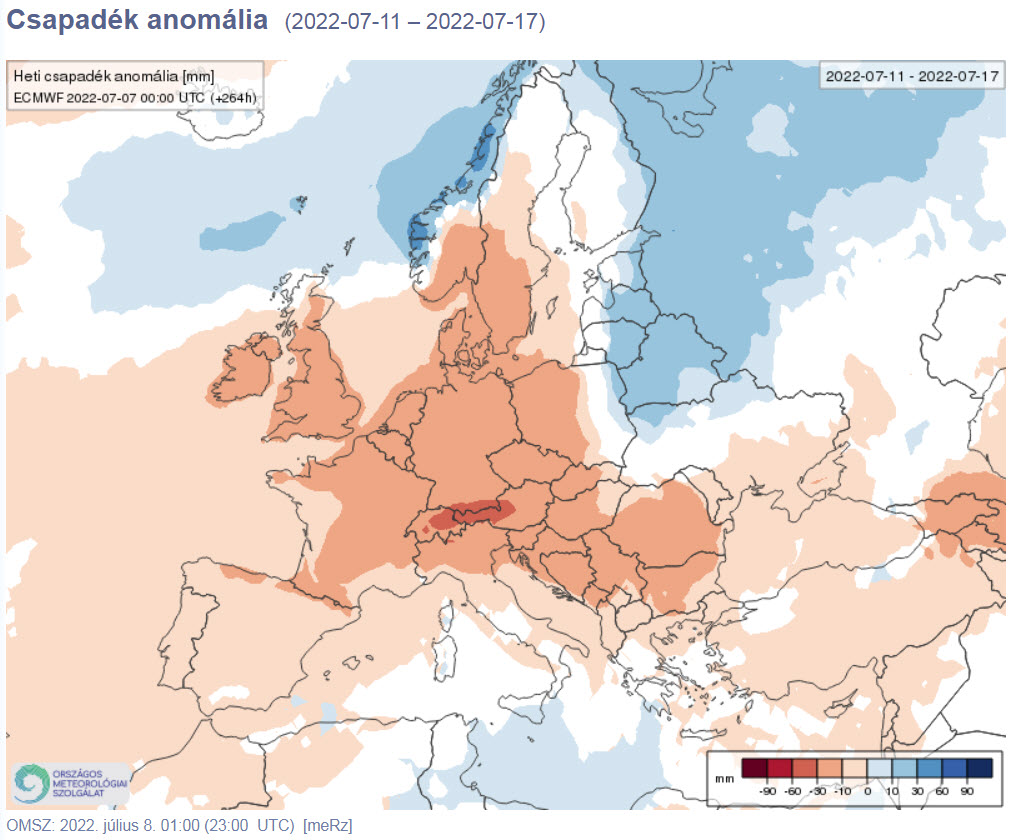Csapadék anomália  28. hét (2022-07-11 – 2022-07-17) – forrás: OMSZ