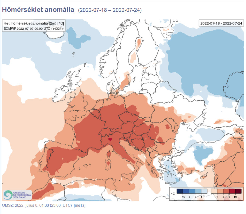 Hőmérséklet anomália [°C] 29. hét (2022-07-18 – 2022-07-24) – forrás: OMSZ