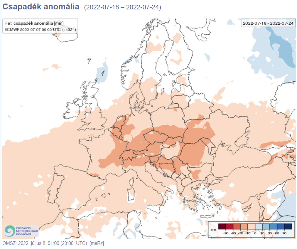 Csapadék anomália 29. hét (2022-07-18 – 2022-07-24) – forrás: OMSZ