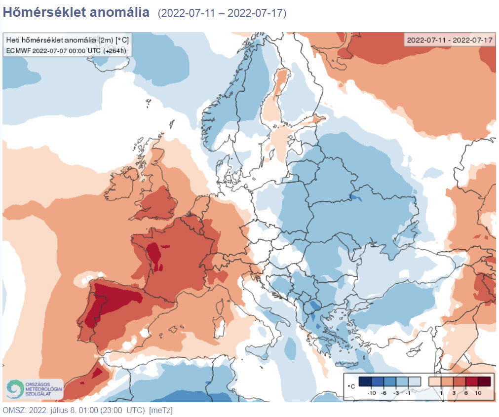 Hőmérséklet anomália [°C] 28. hét (2022-07-11 – 2022-07-17) – forrás: OMSZ
