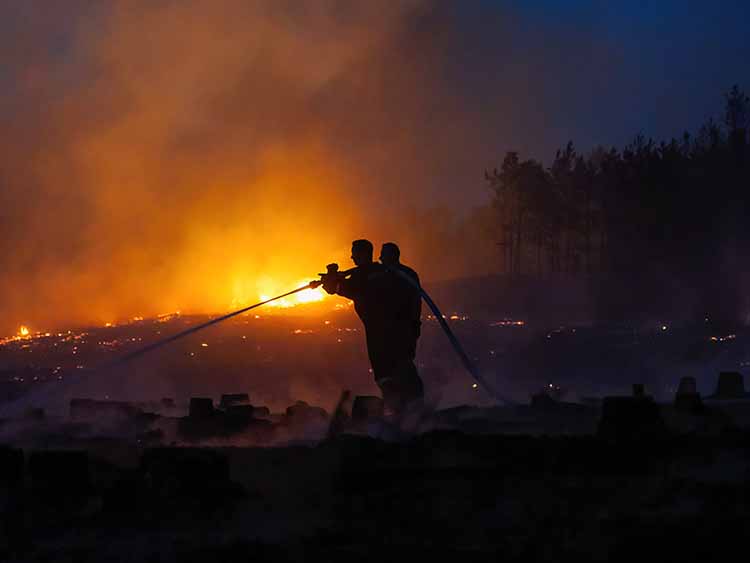 Tűzoltók oltják 2022. július 13-án az Izsák és Soltszentimre közötti erdőben délután keletkezett tüzet.