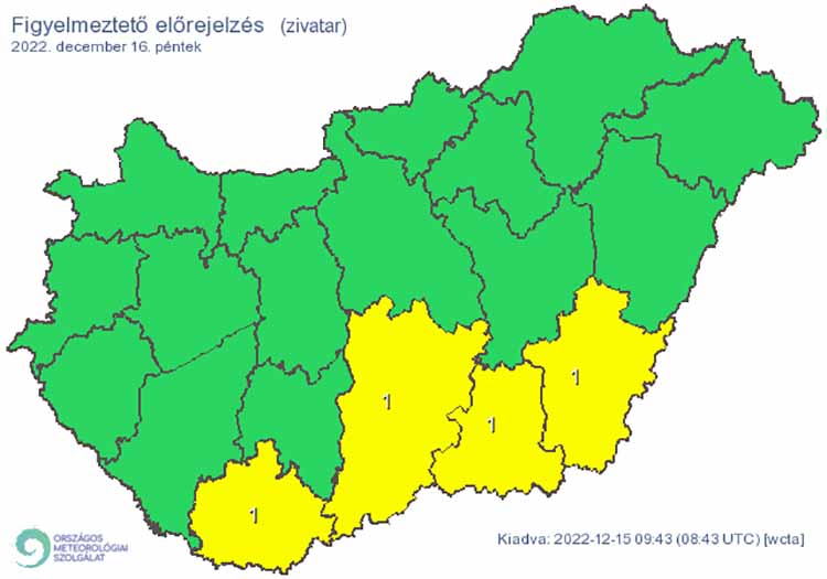 A meteorológiai szolgálat zivatar miatt elsőfokú figyelmeztetést adott ki péntekre Baranya, Bács-Kiskun, Békés és Csongrád-Csanád megye területére