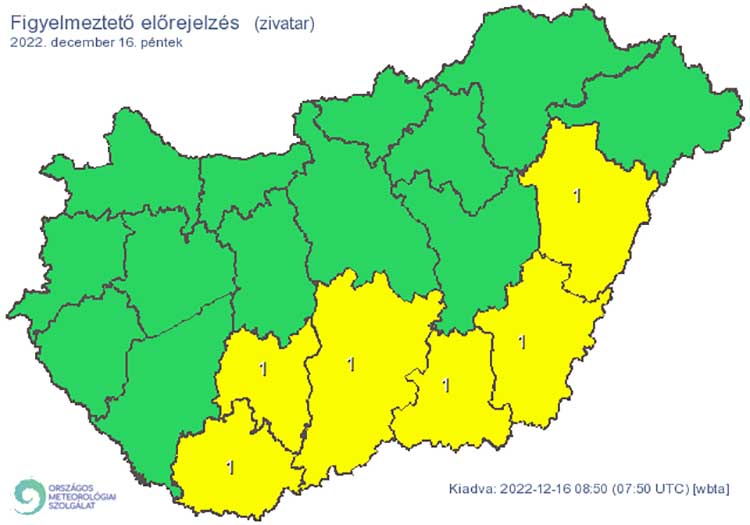 Zivatar alakulhat ki. Elsődleges veszélyforrást a villámlás jelent, emellett esetenként szélerősödés, jégeső előfordulhat!