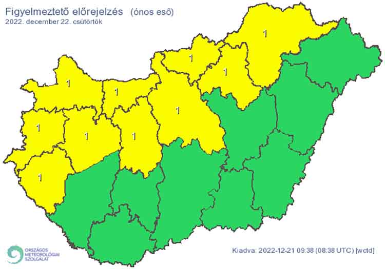 Elsőfokú figyelmeztetés: Gyenge ónos eső. A várt csapadékmennyiség általában néhány tized (> 0,1) mm 