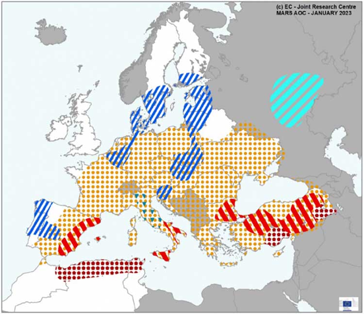 Szélsőséges időjárású területek Európában 2022. december 1. és 2023.január 20. között 