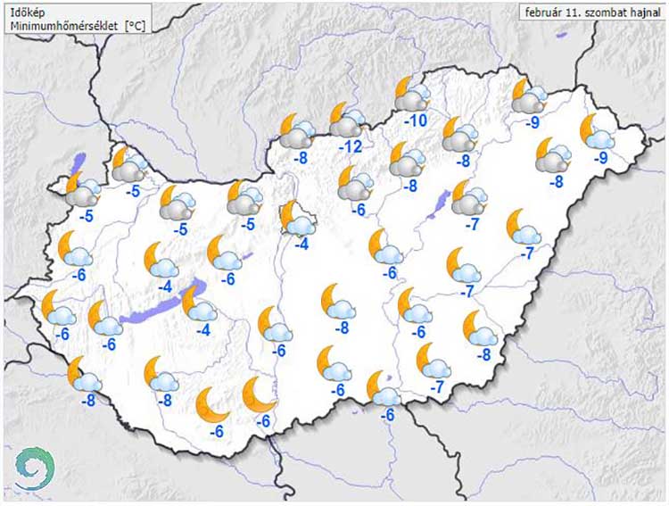 Várható minimum-hőmérsékletek szombat hajnalban