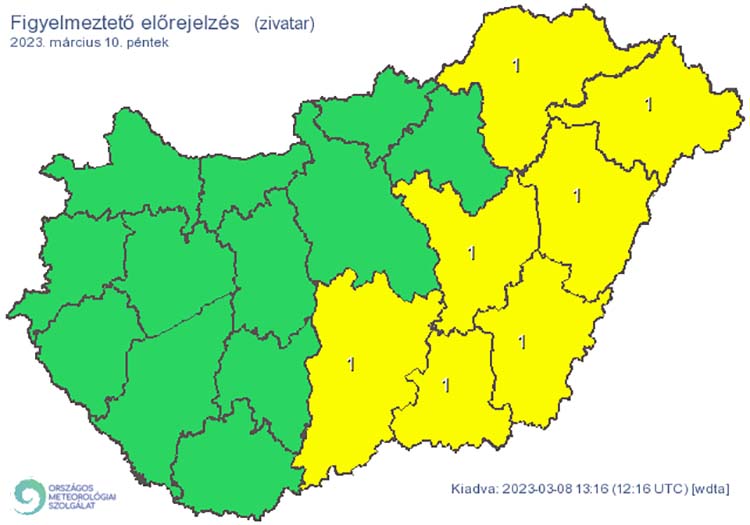 Elsőfokú riasztás: Zivatar alakulhat ki. Elsődleges veszélyforrást a villámlás jelent, emellett esetenként szélerősödés, jégeső előfordulhat! – Fotó: OMSZ