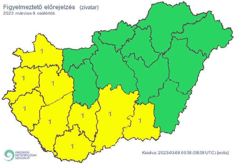 Elsőfokú riasztás: Zivatar alakulhat ki. Elsődleges veszélyforrást a villámlás jelent, emellett esetenként szélerősödés, jégeső előfordulhat! – Fotó: OMSZ