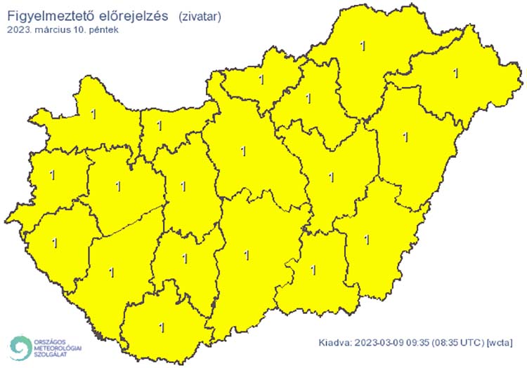 Elsőfokú riasztás: Zivatar alakulhat ki. Elsődleges veszélyforrást a villámlás jelent, emellett esetenként szélerősödés, jégeső előfordulhat!