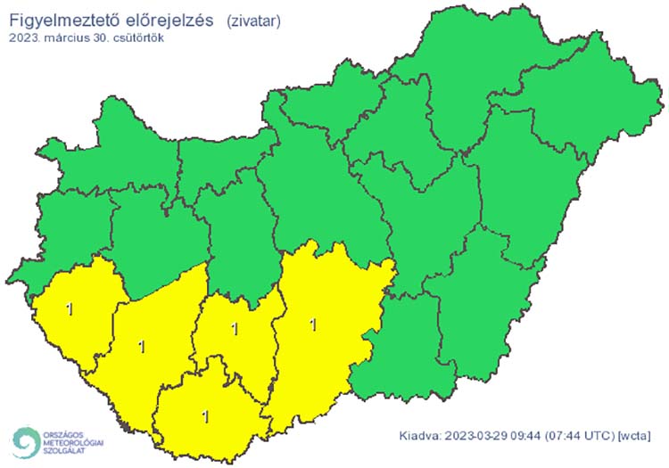 Zivatar alakulhat ki. Elsődleges veszélyforrást a villámlás jelent, emellett esetenként szélerősödés, jégeső előfordulhat!