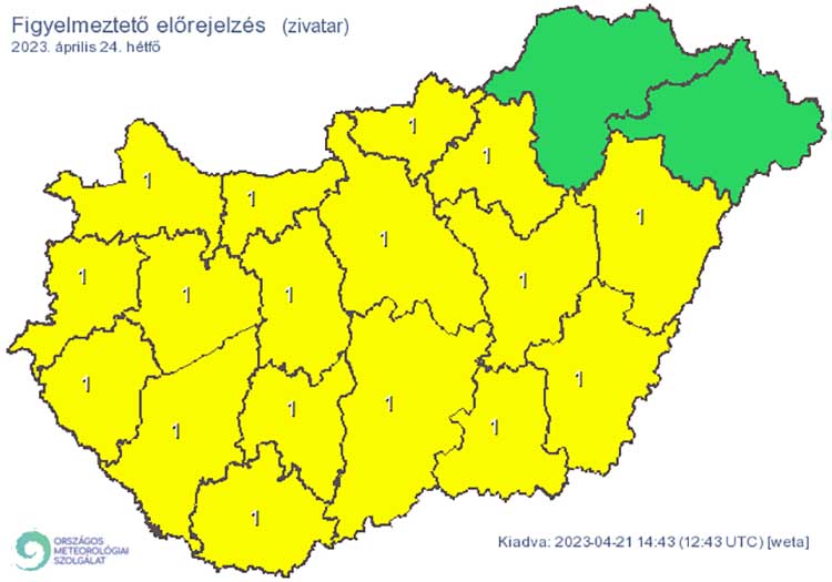 Zivatar alakulhat ki. Elsődleges veszélyforrást a villámlás jelent, emellett esetenként szélerősödés, jégeső előfordulhat!