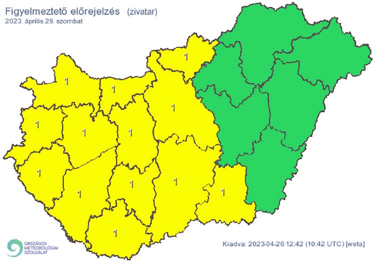 Zivatar alakulhat ki. Elsődleges veszélyforrást a villámlás jelent, emellett esetenként szélerősödés, jégeső előfordulhat!