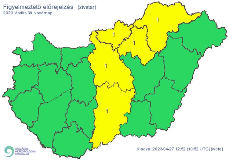 Elsőfokú riasztás: Zivatar alakulhat ki. Elsődleges veszélyforrást a villámlás jelent, emellett esetenként szélerősödés, jégeső előfordulhat!