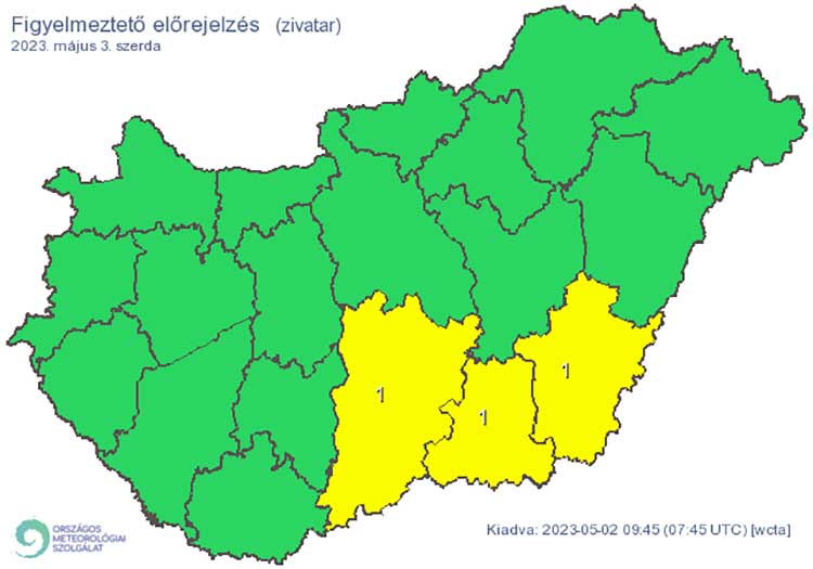 Elsőfokú riasztás: Zivatar alakulhat ki. Elsődleges veszélyforrást a villámlás jelent, emellett esetenként szélerősödés, jégeső előfordulhat!