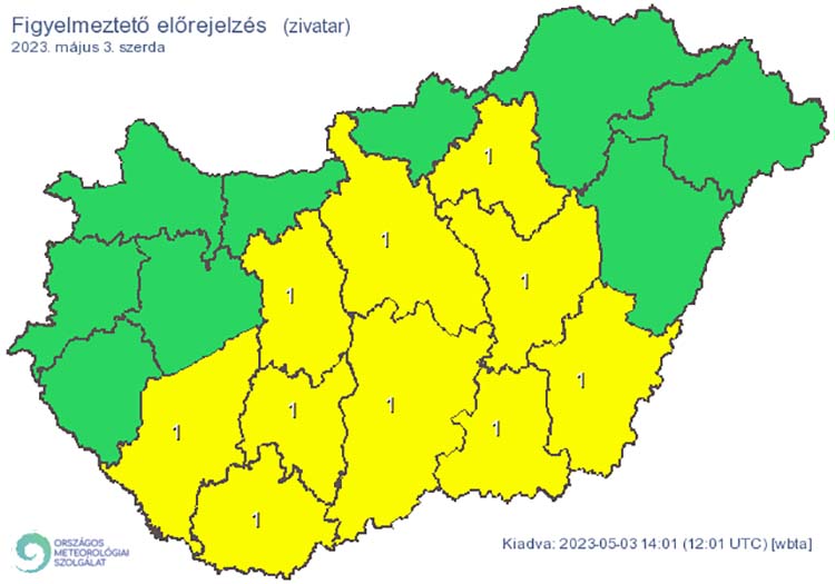 Elsőfokú riasztás: Zivatar alakulhat ki. Elsődleges veszélyforrást a villámlás jelent, emellett esetenként szélerősödés, jégeső előfordulhat!