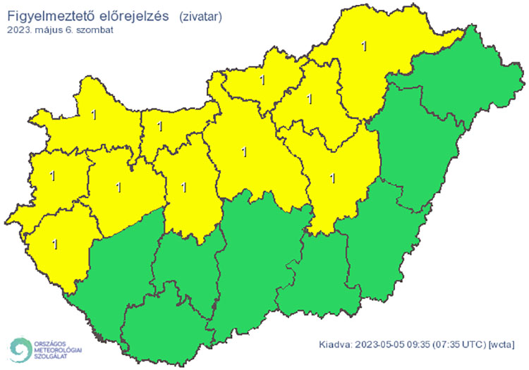 Elsőfokú riasztás: Zivatar alakulhat ki. Elsődleges veszélyforrást a villámlás jelent, emellett esetenként szélerősödés, jégeső előfordulhat!