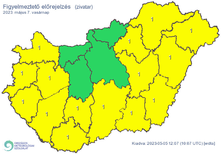 Elsőfokú riasztás: Zivatar alakulhat ki. Elsődleges veszélyforrást a villámlás jelent, emellett esetenként szélerősödés, jégeső előfordulhat! 