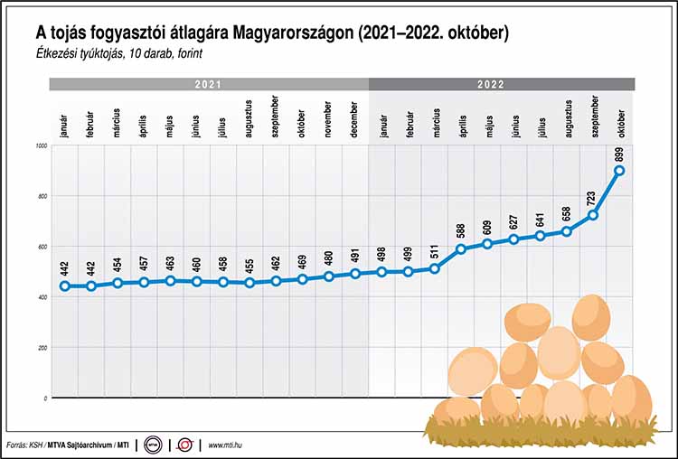 A tojás fogyasztói átlagára Magyarországon (2021-2022. október)