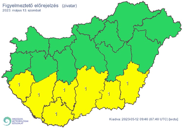 Elsőfokú riasztás: Zivatar alakulhat ki. Elsődleges veszélyforrást a villámlás jelent, emellett esetenként szélerősödés, jégeső előfordulhat!