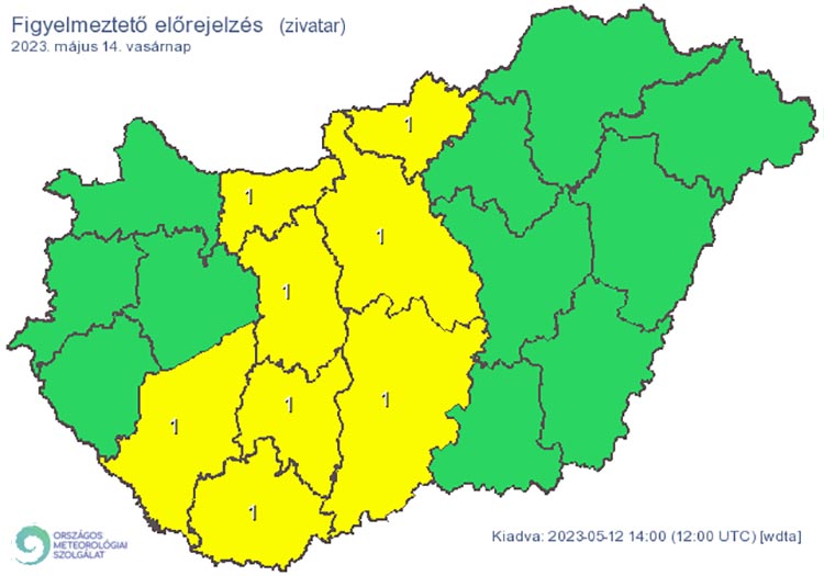 Elsőfokú riasztás: Zivatar alakulhat ki. Elsődleges veszélyforrást a villámlás jelent, emellett esetenként szélerősödés, jégeső előfordulhat! – Fotó: OMSZ