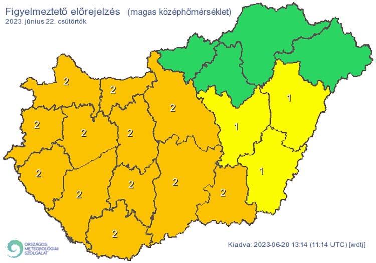 Elsőfokú riasztás: a napi középhőmérséklet 25 °C felett alakulhat, másodfokú riasztás: A napi középhőmérséklet 27 °C felett alakulhat