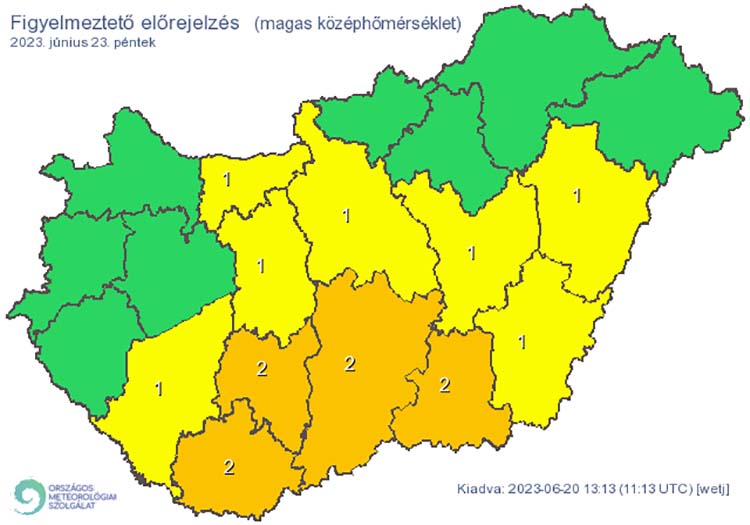 Elsőfokú riasztás: a napi középhőmérséklet 25 °C felett alakulhat, másodfokú riasztás: A napi középhőmérséklet 27 °C felett alakulhat – Fotó: OMSZ