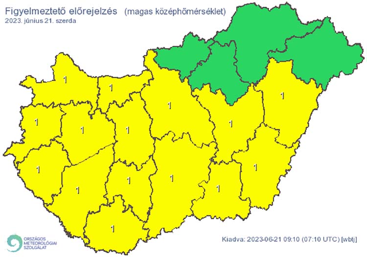 Elsőfokú figyelmeztetés: A napi középhőmérséklet 25 °C felett alakulhat