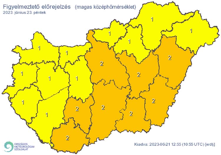 Elsőfokú riasztás: a napi középhőmérséklet 25 °C felett alakulhat, másodfokú riasztás: A napi középhőmérséklet 27 °C felett alakulhat