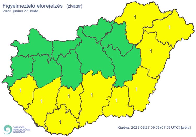 Elsőfokú riasztás: zivatar alakulhat ki. Elsődleges veszélyforrást a villámlás jelent, emellett esetenként szélerősödés, jégeső előfordulhat! – Fotó: OMSZ