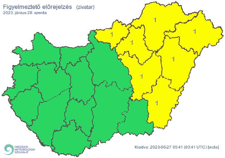 Elsőfokú riasztás: zivatar alakulhat ki. Elsődleges veszélyforrást a villámlás jelent, emellett esetenként szélerősödés, jégeső előfordulhat! – Fotó: OMSZ